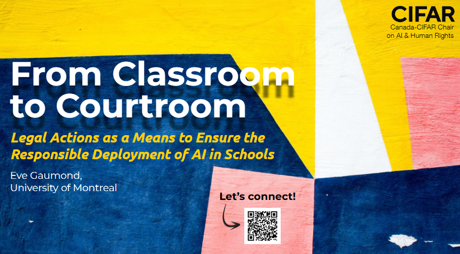 Cover page for a presentation with pink, yellow and navy background. Text reads as Legal Actions as a Means to Ensure the Responsible Deployment of AI in Schools